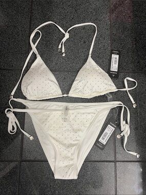bebe White Rhinestone Triangle Tie-Side Bikini